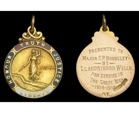 Llandrindod Wells, Powys, Great War Tribute Medal, 23mm, gold (9ct., 6.67g) and enamel, hallmarks for Birmingham 1919, the ob