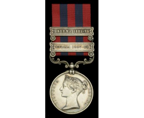 India General Service 1854-95, 2 clasps, Burma 1887-89, Burma 1885-7, clasps affixed in this order, with top lugs removed (Li