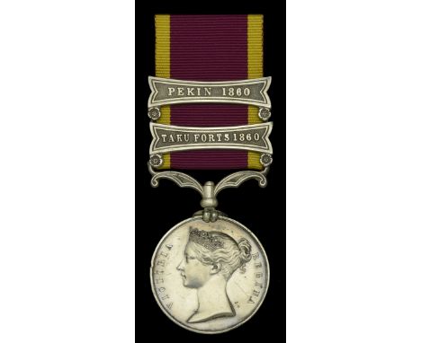 China 1857-60, 2 clasps, Taku Forts 1860, Pekin 1860 (Gunr. Wm. Wright, No. 6 B. 12th. Bde. R. Art.) officially impressed nam