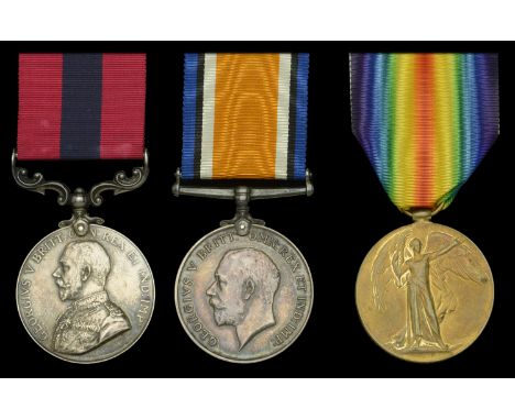 A Great War ‘Western Front’ D.C.M. group of three awarded to Gunner H. Watts, 211th Brigade, Royal Field Artillery, for consp