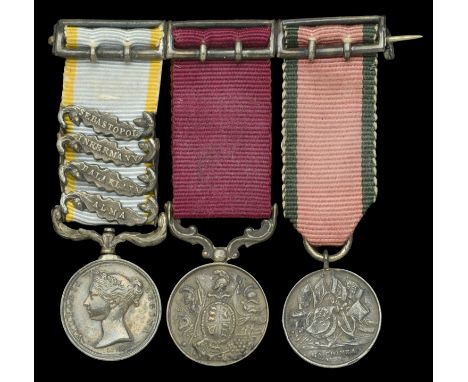 The mounted group of three miniature dress medals representative of those worn by Private J. Lamb, 13th Light Dragoons  Crime