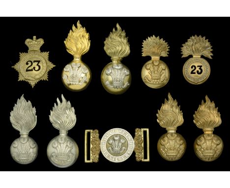 Royal Welsh Fusiliers Insignia. A good selection of Officers and Other Ranks Fusilier grenades, Waist Belt Clasp, Shako and G