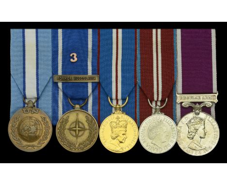 Five: Regimental Quartermaster Sergeant S. I. Derbyshire, Light Dragoons  U.N. Medal, on UNFICYP riband, the reverse engraved