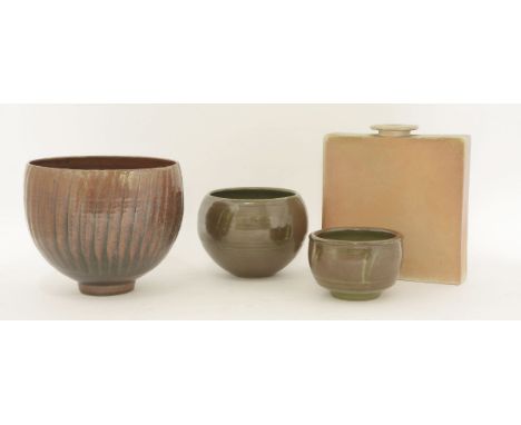 Three pottery vessels,by Don Morgan, Hook Pottery, seal mark, anda slab bottle vase,22cm highest (4)