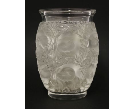 A Lalique 'Bagatelle of Love Birds' vase, clear and frosted glass, engraved 'Lalique France', 17.2cm high