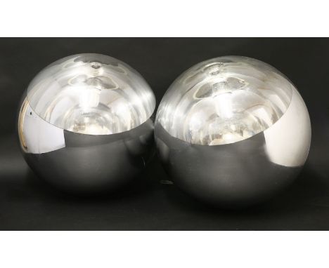 A pair of chrome 'mirrorball' light pendants,designed by Tom Dixon,40cm each (2)