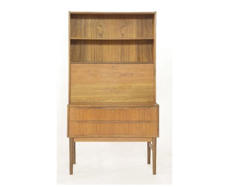 A Danish teak bureau bookcase,with a shelf over an hinged cupboard/writing surface and two drawers,89cm wide42.5cm deep161cm 