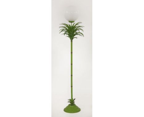 A painted metal palm standard lamp,with a white glass globe shade,167cm high