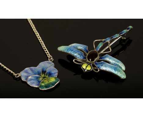 An Arts & Crafts sterling silver enamel dragonfly brooch,with polychrome enamel decoration, marked 'Sterling Silver',together