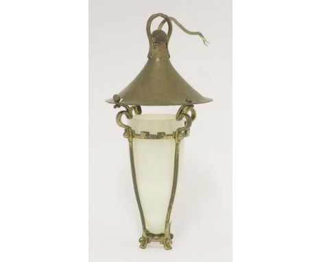 An Art & Crafts brass and copper hanging hall lantern,fitted with an opaline shade,34cm high