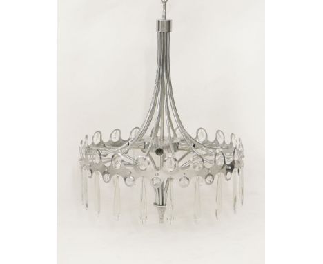 A chrome hanging light fitting,1970s, with glass drops