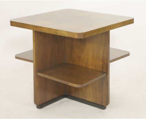 A walnut lamp table,with two tiers of open shelves to each quarter,61cm wide58.5cm high