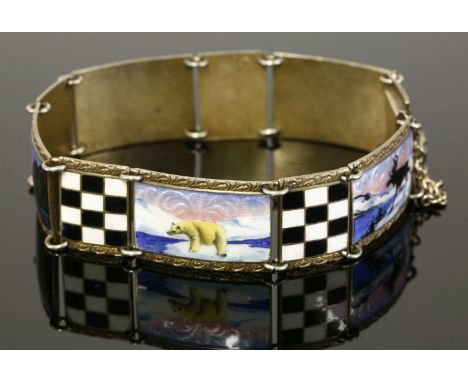 A Norwegian sterling silver gilt plaque link bracelet,by O F Hjortdahl of Oslo, with a series of rectangular plaques decorate