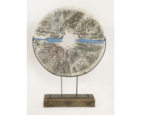 Peter Hayes (contemporary),'Disc', stoneware,98cm high, on a wood and steel plinthHayes was born in Birmingham, England, wher