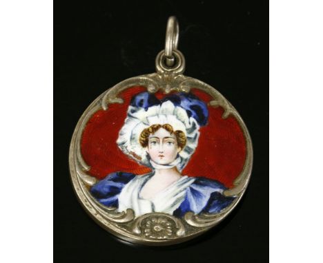 A German silver Jugendstil slide mirror pendant, c.1900,in the style of Meyle & Mayer, a guilloché enamel portrait of a lady 