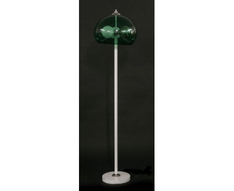 A chrome standard lamp,with a green plastic shade, with three lights,170cm high