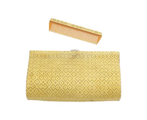 DIAMOND-SET EVENING BAG, CIRCA 1960Of woven design, the clasp set with brilliant-cut diamonds, opening to reveal a comb,  len