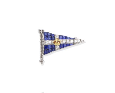 ASPREY: ROYAL THAMES YACHT CLUB BURGEE BROOCH, 1987Decorated with calibré-cut sapphires in concealed settings, accented by bl
