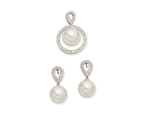 CULTURED PEARL AND DIAMOND PENDENT EARRINGS AND PENDANTThe pendant surmount of teardrop design set with brilliant-cut diamond