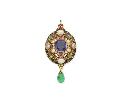 A POLYCHROME ENAMEL AND MULTI GEM-SET HOLBEINESQUE BROOCH/PENDANT CIRCA 1870Oval, the central cushion-shaped iolite (probably