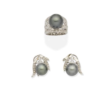 CULTURED MABÉ PEARL AND DIAMOND RING AND EARRINGSEach cultured mabé pearl of grey tint set within an openwork foliate mount s