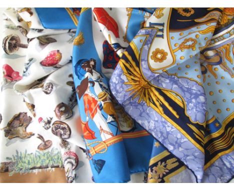 HERMES SCARVES, three in silk, 'Carpe Dium', 'Ombrelles et Parapluies' and one other of wild mushrooms, all 86cm x 86cm (3)