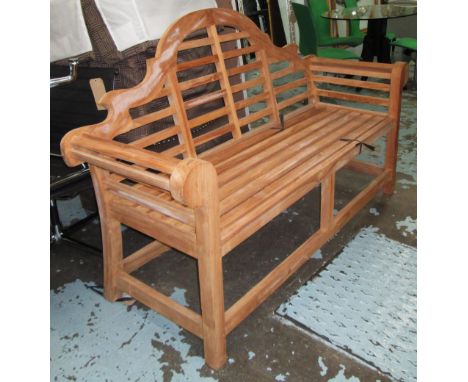 LUTYENS/MARLBOROUGH BENCH, teak on square supports, 165cm L.
