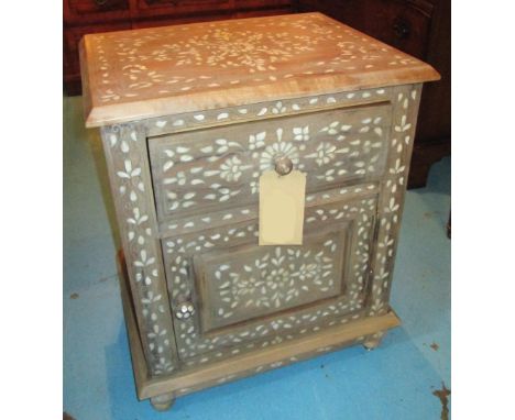 BEDSIDE CHESTS, a pair, Moorish hardwood and mother of pearl each with drawer and panelled door, 50cm W x 40cm D x 60cm H. (2