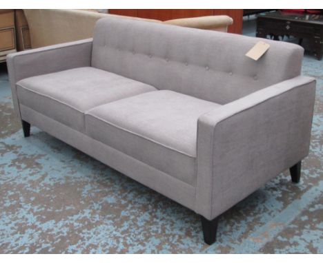 SOFA, three seater, contemporary design box form in grey upholstery with buttoned back on black splayed legs, 180cm L x 80cm 