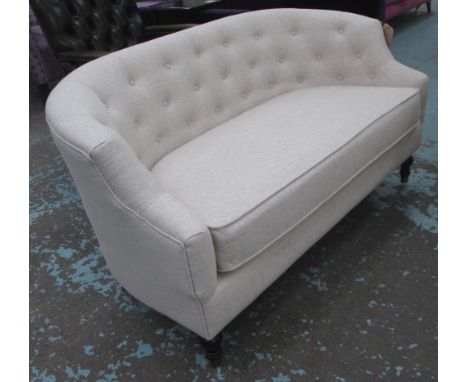 SOFA, two seater, button back, in oatmeal fabric, 145cm L x 70cm W x 75cm H. 