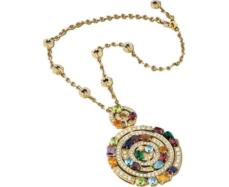 BULGARI ASTRALE NECKLACE, 8-10000. 18K gold cerchi pendant adorned with pavé diamonds, topaz, amethyst, tourmaline, peridot, 