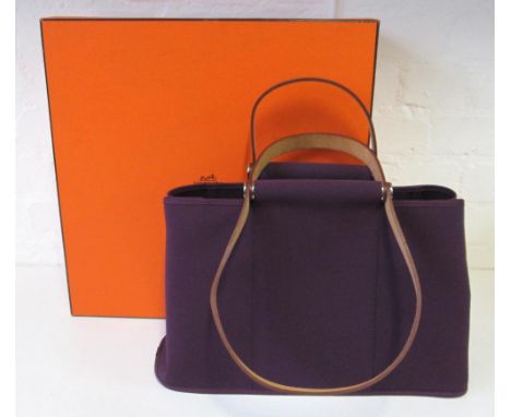 HERMES CABAG, deep purple canvas with tan leather straps date leather for 2012, 38cm x 28cm (as new) and dust bag and box.