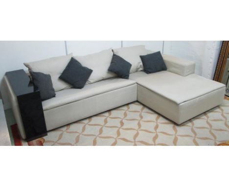 ARMANI CASA CORNER SOFA, in neutral fabric with three back cushions and four scatter cushions, 294cm x 196cm, with black glos