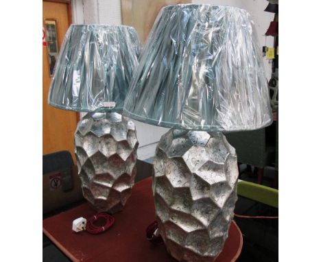 TABLE LAMPS, a pair, of speckled silvered with teal pleated lamp shades, 76cm H. (2)