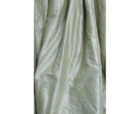CURTAINS, two pairs, Lelievre, green silk, 220cm gathered x 270cm dropped, the other pair 110cm gathered x 270cm dropped, wit