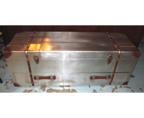 TRUNK, aluminium and leather bound with hinged top and a drawer below, 45cm H x 120cm W x 40cm D. 
