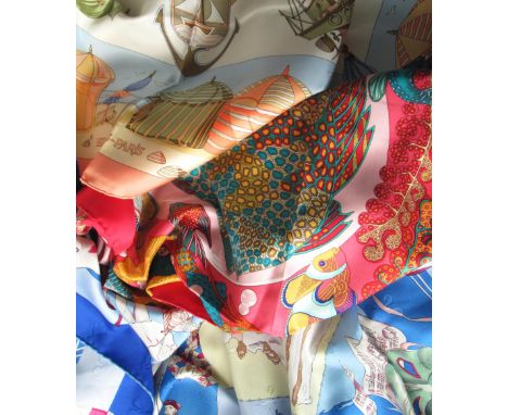 HERMES SILK SCARVES, three various, 'Charmes des Plages Normandes', 'Le Carnaval de Venise' and one other depicting fish (som