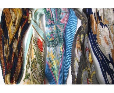 HERMES PLEATED SCARVES, five various in silk to include 'Springs', 'Feux de Route', 'Fleurs de Lotus' and two others. (5)