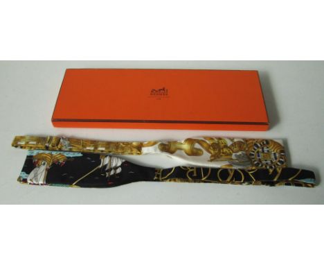 HERMES BOW TIES, two in silk, one nautical themed, the other of regalia, 5.5cm W max with one box. (2)