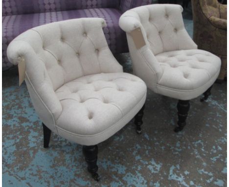 BEDROOM CHAIRS, a pair, button back, in oatmeal fabric on front castors, 70cm H. (2)