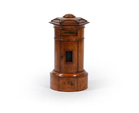 A VICTORIAN OAK MINIATURE PILLAR LETTER OR POST BOX  IN THE MANNER OF LEUCHARS & SON, LONDON, CIRCA 1880  50.5cm high, base 2