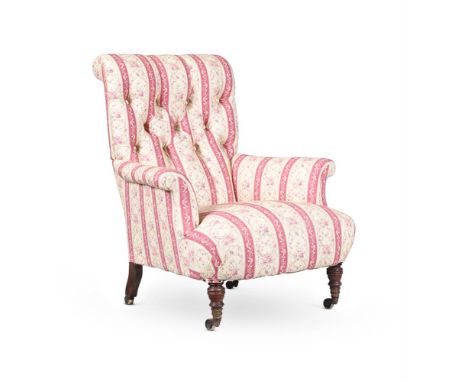 A VICTORIAN WALNUT AND BUTTON UPHOLSTERED ARMCHAIR  BY HOWARD & SONS, CIRCA 1880 The front castors stamped 'HOWARD, & SONS, L