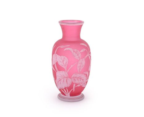 TWO STOURBRIDGE PINK AND WHITE CAMEO GLASS VASES LATE 19TH CENTURY First carved with convolvulus 17cm high Second carved with