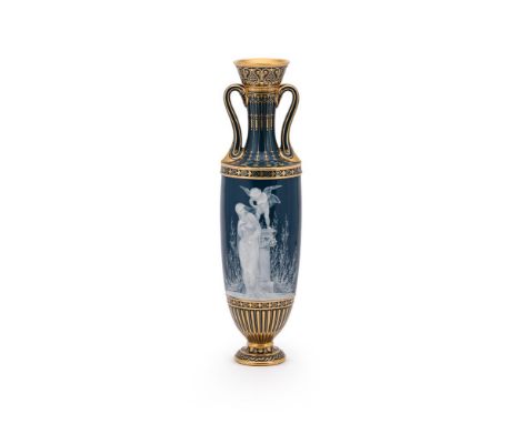 A MINTON PÂTE SUR PÂTE BLUE GROUND VASE BY MARC-LOUIS SOLON, LATE 19TH CENTURY  Carved in low relief with Cupid and a standin