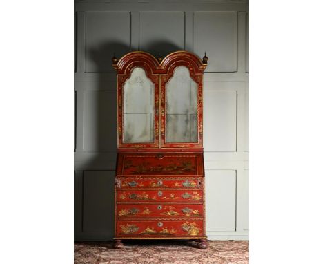 A SCARLET LACQUER AND GILT CHINOISERIE DECORATED BUREAU CABINET IN QUEEN ANNE STYLE, 18TH CENTURY AND LATER ELEMENTS The fall