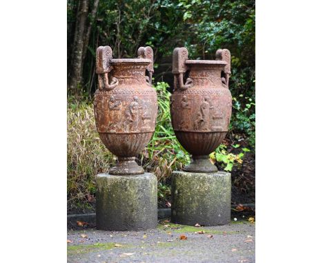 AFTER THE ANTIQUE, A PAIR OF CAST IRON 'SOSIBOS' KRATER GARDEN URNS 19TH CENTURY Each with twin swan head handles above neck 