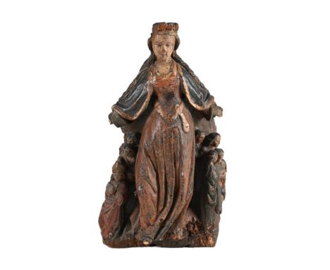 A CARVED AND POLYCHROME PAINTED FIGURE OF THE MADONNA MISERICORDIA  16TH OR 17TH CENTURY  Pregnant figure with pallium suspen