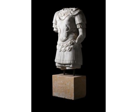 A LARGE CARVED MARBLE TORSO  IN THE ROMAN STYLE, MODERN  With metal rod supports and a composite base  118cm high overall, th