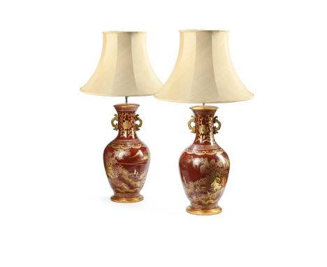 A LARGE PAIR OF RED AND GILT LACQUERED PAPIER-MÂCHÉ BALUSTER VASE LAMP BASES  20TH CENTURY  With foliate waisted necks, the b