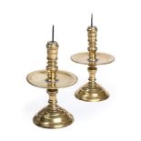 A LARGE PAIR OF BRASS PRICKET CANDLESTICKS, LOW COUNTRIES, EARLY 17TH CENTURY